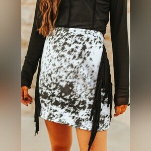 Black Cowhide Printed Suede Fringe Skirt